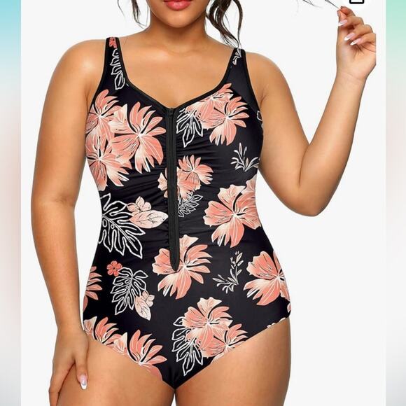 Daci Black and Coral Floral Print One Piece Swimsuit with Front Zipper Woman 18W - Picture 8 of 10
